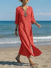  Per donna Abito maxi Abiti di lino Vintage Quotidiano Vestibilità comoda Colore Puro Manica Lunga Scollo a V Rosso Estate