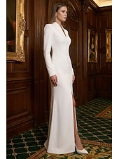 preiswerte Smokingkleider-Damen Smokingkleid Meerjungfrauenschnitt Meerjungfrau Hochzeitsgast Stretch-Crêpe Elegant Hoher Schlitz Langarm Bodenlang V Ausschnitt
