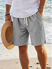 cheap Holiday-Men's Summer Shorts Beach Shorts Casual Shorts Drawstring Elastic Waist Solid Color Textured Comfort Breathable Above Knee Casual Daily Outdoor Fashion Retro Vintage Blue Khaki Inelastic