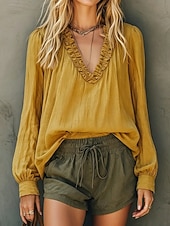  Blusa de mujer con volantes, cuello en V y mangas abullonadas, ligera, estilo bohemio, informal y elegante para verano.
