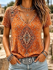 economico Boho t-shirt-Women's T Shirt Print Graphic Paisley Stylish Classic Casual Short Sleeve V Neck Regular Tops Casual Daily Blue Red Orange Summer Spring