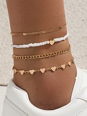 voordelige Damesarmband-Dames enkelbandjesset van 4 stuks in boho-stijl, goudkleurige legering enkelbandjes met hartvormige bedeltjes en witte kralen, zomerse strandvakantie sieraden voor vrouwen