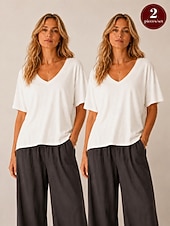  T-shirt da donna con scollo a U in cotone lyocell e canapa