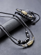 preiswerte Heren sieraden-Men's Bohemian Necklace and Bracelet Set, Black Leather Beaded Jewelry, Antique Metal Accents, Summer Casual Accessory for Men, Perfect for Vacation, Festival, Daily Wear, Multiple Uses