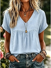  Mulheres Camisa Social Camisas de algodão e linho Côr Sólida Boêmia Férias Vintage Sem Manga Manga Curta Decote V Tops regulares Casual Azul Branco Amarelo Rosa Verão Primavera