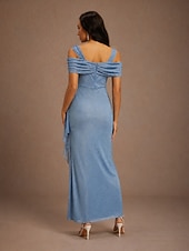  Pentru femei Rochie Maxi Rochie din Tul Elegant Serată Nuntă Invitat la nunta Bufantă Strălucire Culoare solidă Fără manșon Cu Bretele umăr rece Albastru Prăfuit