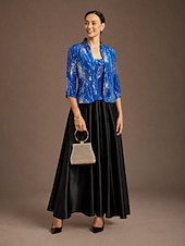  Women's Twinset Blouse Dressy Tops Evening Tops Feather Sequins Elegant 3/4 Length Sleeve Mandarin Collar Regular Tops Party Evening Wear Evening Party Sequins Royal Blue Spring Fall Winter