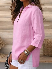  Per donna Cotone lavato Camicia di lino Testurizzato Vintage Manica 3/4 Colletto a Camicia Bianco Nero Rosa Primavera, Autunno, Inverno, Estate