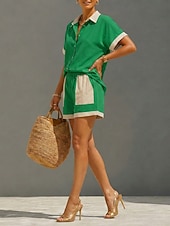 abordables Ensembles-Femmes Ensembles en coton et lin Ensembles deux pièces Manche Courte Col de chemise Patchwork ancien Occasionnel Quotidien Kaki Vert Été Coupe Ample