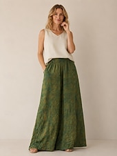 preiswerte Premium-Leinen-Kollektion-Damen-Hose aus 100 % Leinen mit weitem Bein, mittelhohem Bund, langer Länge, Batikmuster, Tasche, elastischem Bund, lockerer Passform, grün, Herbst/Winter
