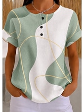  Top in maglia waffle per donna T-shirt ombre grafica geometrica elegante classica manica corta collo rotondo Henley top regolari sportivi quotidiani nero e bianco verde chiaro khaki arcobaleno estate