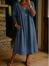  Vestido midi feminino com aparência de jeans, estilo camisa, elegante, para férias, vintage, para uso diário, ao ar livre, modelagem solta, liso, manga longa, decote em V, azul marinho, primavera