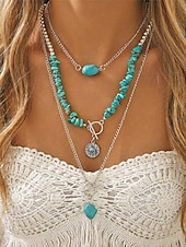 abordables Collar de mujer-Conjunto de collar de turquesa en capas para mujer, joyería boho de piedra natural con cadena de aleación de plata, regalo de moda de verano para mujeres maduras, playa, resort, fiesta en el jardín,