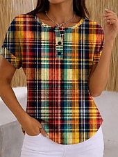  Mujer Camiseta Bloque de Color Estampado Graphic Geométrico Plaid Vintage Elegante Clásico Manga Corta Cuello Barco Tops largos Casual Diario Azul Piscina Rosa Naranja Verde Trébol Verano Primavera
