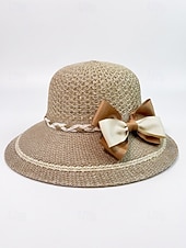 baratos Chapéus Femininos-Chapéu de sol feminino de aba larga em tecido trançado com laço, elegante chapéu de palha multicolorido para o verão, chapéu leve para praia, férias, proteção solar, viagens e atividades ao ar livre.