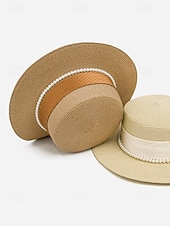 cheap Women's Hats-Women's Flat Top Straw Boater Hat, Pearl Trim Summer Sun Hat, Multiple Colors, Elegant Wide Brim Vacation Beach Hat for Travel, Resort, Garden Party &amp; Daily Wear