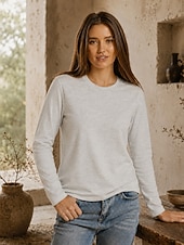 ieftine tricou simplu-Tricouri de damă din bumbac 100% - tricou de calitate, cu mânecă lungă și guler rotund