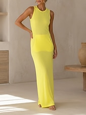 cheap Plain Dress-Women's Maxi Dress Casual Dress Mature Daily Regular Fit Plain Sleeveless Crew Neck Silver rose red Yellow Pink Grey Spring