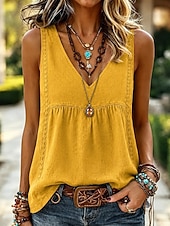abordables Camisas-Mujer Camisa Camisas de algodón y lino Color sólido Plano Bohemia Vintage Moda Sin Mangas Escote en Pico Tops largos Casual Amarillo Rosa Verano Primavera