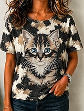 economico Maglietta Animali-Per donna Maglietta Blocco di colore Stampato Grafico Animale Gatto Vintage Elegante Classico Manica Corta Girocollo Top lunghi Casuale Quotidiano Nero Rosso Marrone Verde Estate Primavera