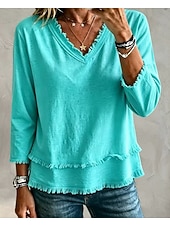  Mujer Camiseta Tee Plano Bohemia Manga Larga Escote en Pico Tops regulares Casual Bleu Ciel Verde Claro Rosa Verde esmeralda Gris Verano Primavera