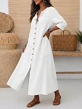 voordelige Jurken-Dames Maxi-jurk Linnen jurken Vintage Dagelijks Ruim Passend Heldere kleur Lange mouw V-hals Rood Zomer