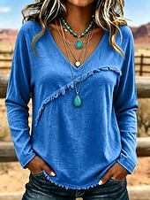  camicetta da donna a maniche lunghe con scollo a V e frange diagonali, orlo sfrangiato e texture stropicciata, stile western casual.