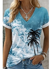 economico T-shirt floreale-Pasqua Per donna Maglietta Stampato Grafico Leopardo Elegante Classico Casual Manica Corta Scollo a V Top lunghi Casuale Quotidiano Sportivo Blu Marrone Verde Estate Primavera Autunno Inverno