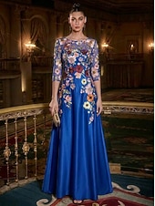 cheap A-Line Evening Dresses-A-Line Floor Length Evening Gown Elegant Vintage Floral 3/4 Length Sleeve Boat Neck Garden Party Wedding Satin Tulle with Embroidered Flower Pleats Embroidery