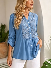 economico Bluse Semplici-Per donna Blusa Pizzo Tinta unica Vintage Elegante Casual Manica Lunga Scollo a V Top Regolari Casuale Quotidiano Blu Estate Primavera