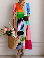  Women's Midi Dress Sundress Casual Dress A Line Dress Vacation Stylish Casual Holiday Regular Fit Graphic Geometric Long Sleeve V Neck Black Pink Orange Summer Spring