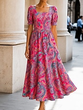  Women's Midi Dress Casual Dress A Line Dress Elegant Vacation Stylish Beach Holiday Regular Fit Floral Graphic Short Sleeve Square Neck Pink Orange Summer Spring