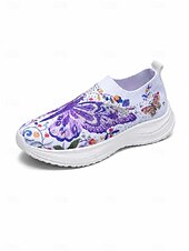 baratos Ténis de mulher-Tênis slip-on feminino roxo vibrante com estampa de borboletas - calçado esportivo leve com plataforma e detalhes em strass. &amp;Tênis casual de malha respirável, ideal para caminhadas leves e passeios