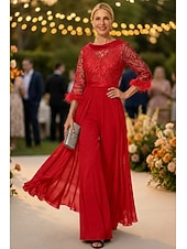 economico Tute della mamma-Tuta Completo Pantalone Lunghezza al pavimento Abito da cerimonia per signora Mezza Manica Collo gioiello Elegante Vintage Ospite di nozze Chiesa Chiffon con Piuma Paillettes Applicazioni
