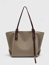 cheap Handbag &amp; Totes-Women's Minimalist Large Tote Bag, Oxford Fabric and Faux Leather Patchwork Shoulder Purse, Casual Big Capacity Work Commuter Handbag for Everyday, Black Khaki Colors