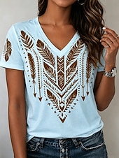 Χαμηλού Κόστους Boho t-shirt-Γυναικεία Μπλουζάκι Στάμπα Γραφική Φυλής Στυλάτο Κλασσικό Καθημερινό Κοντομάνικο Λαιμόκοψη V Κανονικά μπλουζάκια Causal Καθημερινά Θαλασσί Λευκό Βυσσινί Καλοκαίρι Άνοιξη