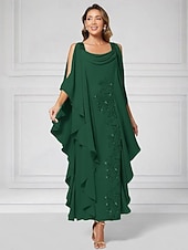  Sheath Column Ankle Length Party Dress Cocktail Dress Wedding Guest Dress Mother of the Bride Dress Half Sleeve Boat Neck Elegant Luxurious Sparkle & Shine Wedding Guest Chiffon with Beading Tier
