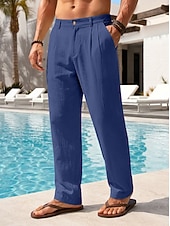 cheap Holiday-Men's Cotton Linen Pants Trousers Summer Pants Baggy Pants Beach Pants Pleated Pocket Solid Color Comfort Breathable Full Length Casual Daily Outdoor Vacation Fashion Loose Fit Blue White Inelastic