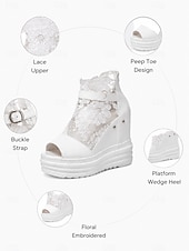 abordables novia-Sandalias de cuña con plataforma de encaje blanco para novias, zapatos de boda con puntera abierta y correa con hebilla para bodas al aire libre y en la ciudad.