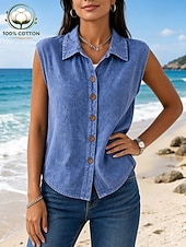  Damen-Tanktop aus 100 % Baumwolle, schlicht, Vintage-Stil, ärmellos, Hemdkragen, normale Passform, lässig, für Alltag, Sommer, Frühling