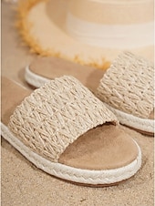 ieftine Sandale tip slide-Sandale damă din rafie țesută - sandale plate din paie, cu vârful deschis, stil boho, pentru vacanța de vară la plajă, sandale espadrile naturale