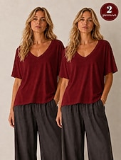  T-shirt da donna con scollo a U in cotone lyocell e canapa