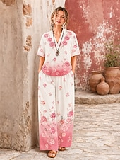  Mujer Camisa Conjuntos de lino y algodón Conjuntos de pantalones Manga Corta Escote en Pico Floral Graphic Geométrico Estampado Vacaciones Moda Ropa de calle Casual Diario Exterior Blanco Rosa