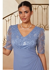  Women's Sheath Column Cocktail Dress Wedding Guest Dress Ankle Length V Neck Half Sleeve Illusion Sleeve Empire Waist Elegant Mother Of The Bride Semi Formal with Chiffon 3D Floral Mesh Lace Slit