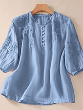 economico Bluse Semplici-Per donna 100% cotone Camicia button-down Tessuto Ricamato Bottoni Vintage Scollo a V Top lunghi Casuale giallo verde Rosa Blu reale Viola Estate Primavera