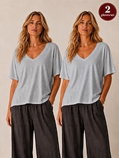  T-shirt da donna con scollo a U in cotone lyocell e canapa
