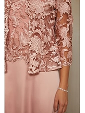 cheap Polished Edit-Women's A-Line 2-Piece Dress Sets Cocktail Dress Wedding Guest Dress Tea Length Crew Neck Sleeveless 3/4 Length Sleeve Illusion Sleeve Elegant Mother Of The Bride with Satin Lace Floral Combo Splicing