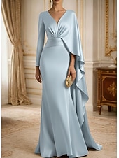 economico Abiti da sera a tubino-Tubino Colonna Strascico a Terra Abito da Sera Abito formale Elegante Stile Celebrità Setoso Senza Maniche Scollo a V Matrimonio Formale Mantelle Raso con Pieghe Arricciato Volant