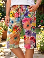voordelige Grafische shorts-Dames Casual korte broek Vakantie Vintage Etnisch Knielengte Medium Taille Bloemig Grafisch Afdrukken Comfort Inelastisch Dagelijks Buiten Vakantie Geel Blozend Roze Zomer Lente Ruim Passend