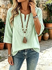 preiswerte Spitzenoberteile-Damen Hemd Boho-Hemd Spitzenbluse Elegant Bohemien Urlaub Dreiviertelarm Lange Oberteile Lässig Täglich Ferien Blau Weiß Khaki Rosa Rote Sommer Frühling